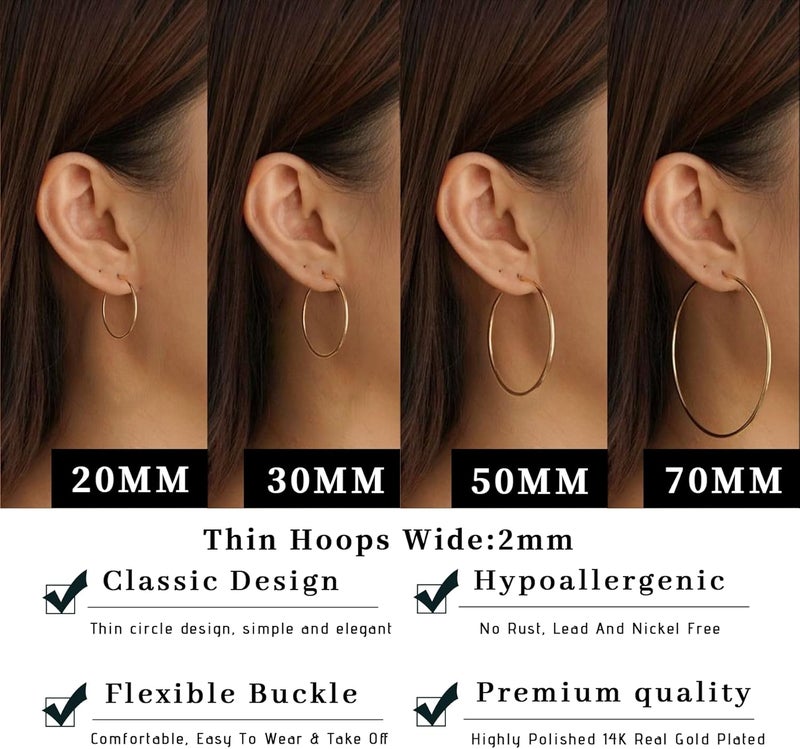 Senteria 2mm Wide 925 Sterling Silver Hoop Earrings for Women Hypoallergenic Lightweight Thin Large Big Gold Plated Hoops Earrings for Women 20/30/50/70MM - Image 4